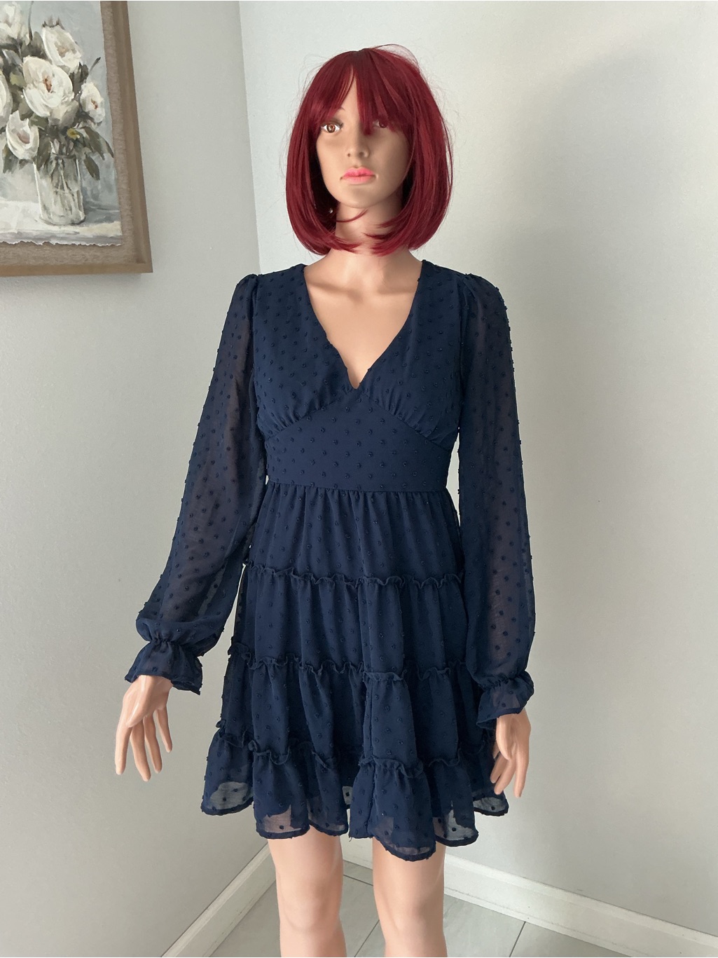 Altar'd State Navy Blue Long-Sleeve Tiered V-Neck Dress